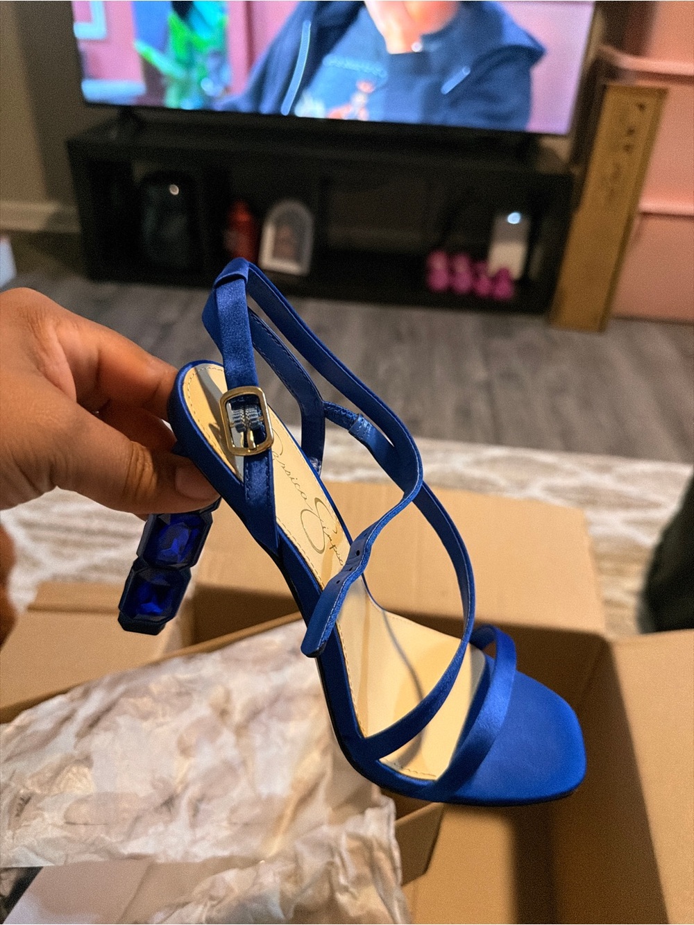 Jessica Simpson Cobalt Blue Strappy Satin Heels with Geometric Block Heel